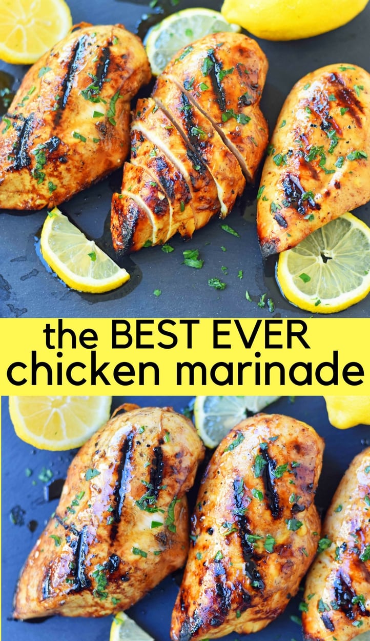The Best Chicken Marinade Recipe makes chicken extra juicy and flavorful. This savory marinade makes grilled chicken mouthwatering! This Grilled Chicken Marinade Recipe is made with extra virgin olive oil, freshly squeezed lemon juice, balsamic vinegar, soy sauce, brown sugar, Worcestershire sauce, garlic, salt, and pepper. The perfect chicken marinade recipe! www.modernhoney.com