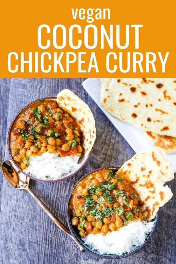 Coconut Chickpea Curry. A rich coconut curry broth with onion, garlic, ginger, Indian spices in coconut milk and tossed with chickpeas. Flavorful vegan meal and you won't even miss the meat!  www.modernhoney.com #vegan #curry #indianfood #vegancurry #chickpeacurry