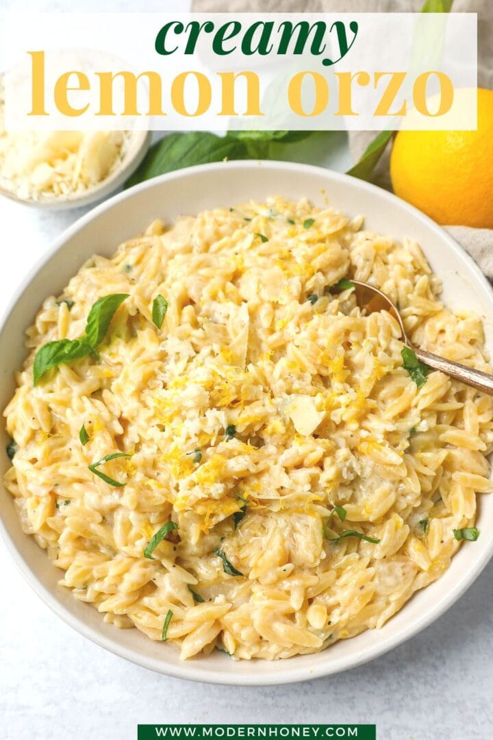 This easy Creamy Lemon Orzo is a rich, creamy dish with bright lemon and fresh basil. This one-pan creamy lemon orzo is made in only 20 minutes! It is the perfect side dish or served alongside grilled chicken or steak.