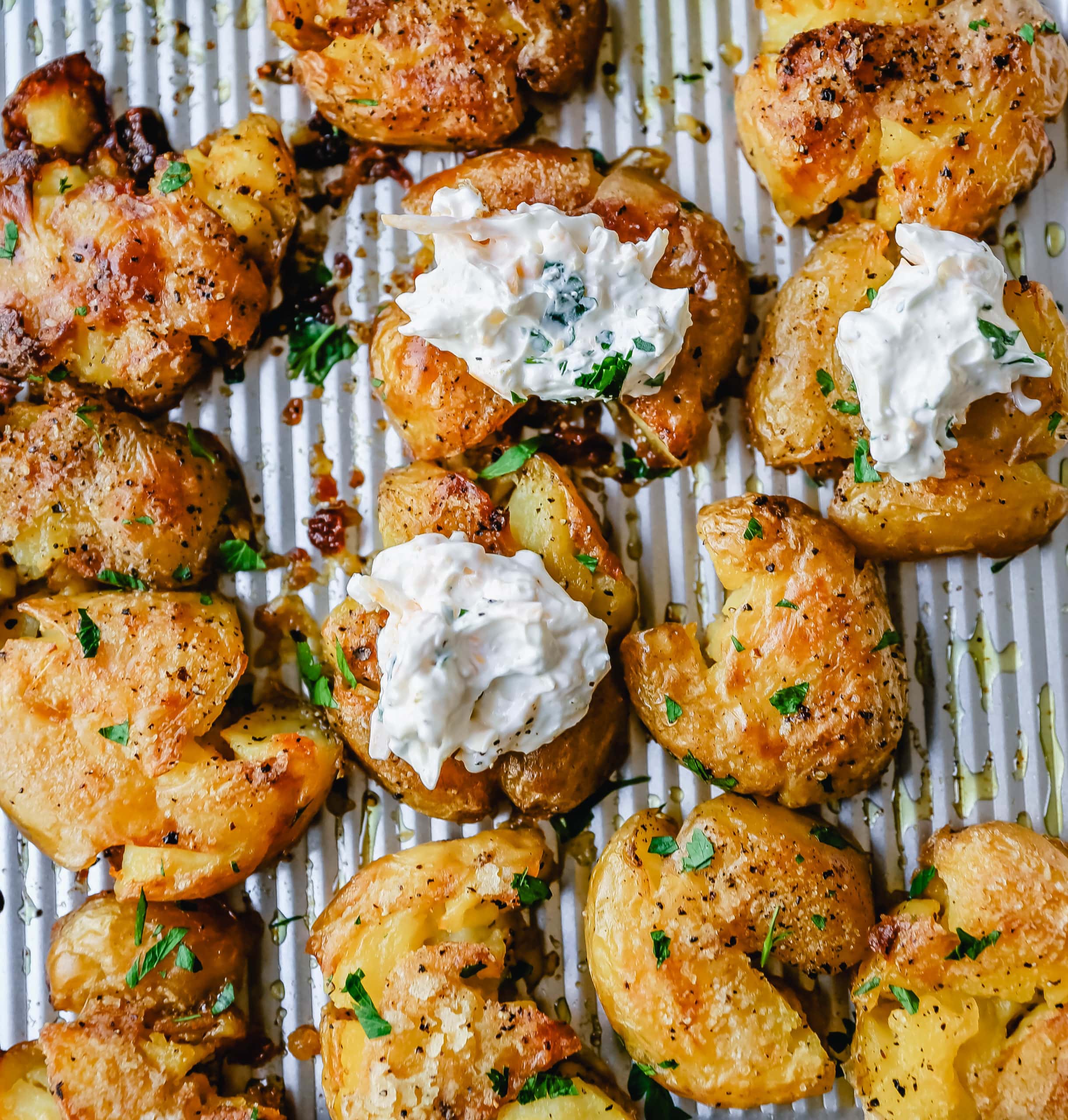 Crispy Smashed Potatoes. Crispy smashed potatoes with creamy, fluffy centers and crispy outsides. Petite potatoes topped with olive oil, salted butter, salt, and pepper and baked until crispy and topped with a garlic cheddar sour cream dip. The best smashed potatoes recipe! 