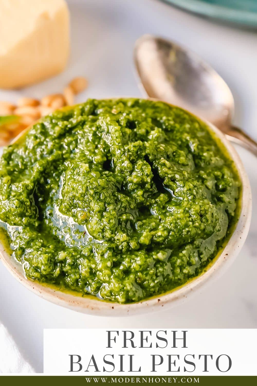 Homemade Basil Pesto Sauce made with fresh basil, extra-virgin olive oil, pine nuts, garlic, parmesan cheese, and salt and pepper. This pesto sauce is the best recipe and can be used on pasta, pizza, sandwiches, or to be used as a dip with rustic French bread.Homemade Basil Pesto Sauce made with fresh basil, extra-virgin olive oil, pine nuts, garlic, parmesan cheese, and salt and pepper. This pesto sauce is the best recipe and can be used on pasta, pizza, sandwiches, or to be used as a dip with rustic French bread.