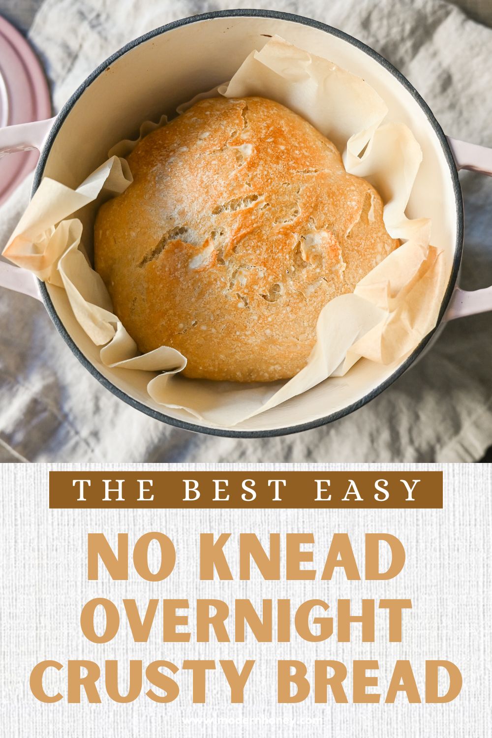 No Knead Overnight Crusty Bread Recipe. This No Knead Bread is baked in a dutch oven and is the perfect crusty french bread recipe. This makes a beautiful artisan loaf of bread and is so easy! The only ingredients you need are flour, water, salt, and yeast for the perfect overnight crusty bread.