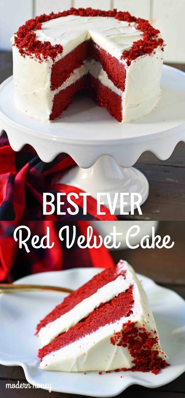 Red Velvet Cake. The best red velvet cake recipe ever. Moist and tender red velvet cake with sweet cream cheese frosting. The perfect red velvet cake recipe. www.modernhoney.com