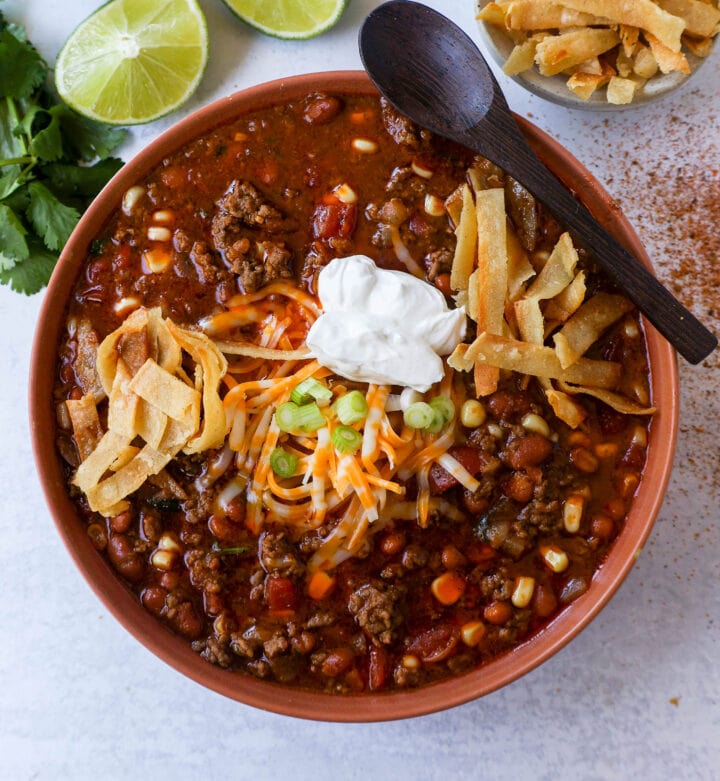 Quick and Easy 30-minute Taco Soup Recipe has all of the flavors of tacos made into a soup! 