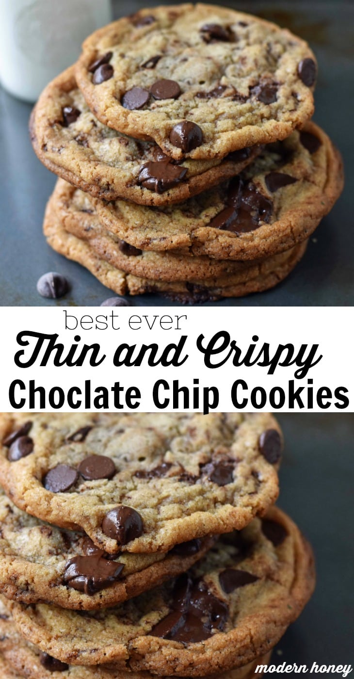 Thin and Crispy Chocolate Chip Cookies. How to make a perfect thin and chewy chocolate chip cookie. Brown butter chocolate chip cookie recipe. A perfect thin and chewy chocolate chip cookie. www.modernhoney.com