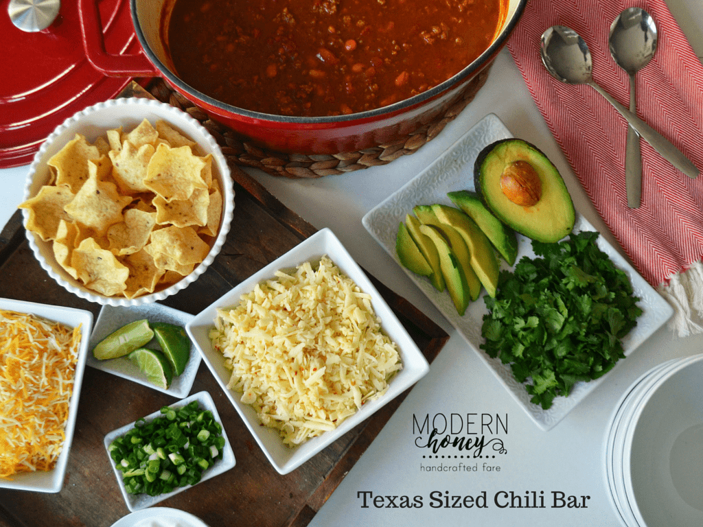 Award Winning Texas Sized Chili Bar with all of the favorite toppings. Two secret ingredients that set this chili apart from the rest. www.modernhoney.com